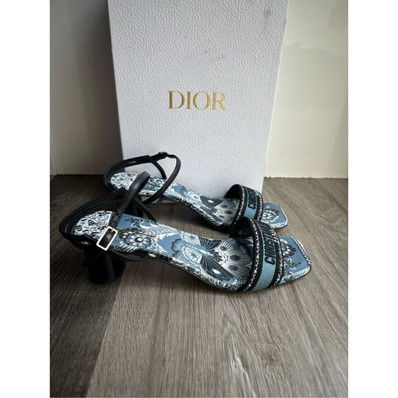 Dior Bandana Embroidered Deep Blue Dway Heeled Sandal Strap Low Heel Pumps EU38/ - Picture 7 of 14